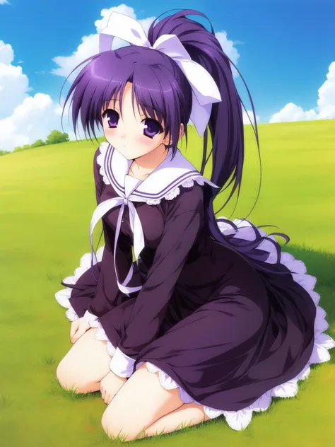 <lora:Itou_Noemi:0.8>,ItouNoemi, 1girl, solo, purple eyes, long hair, ponytail, dress, purple hair, long sleeves, shoes, sitting, ribbon, grass, hair ribbon, kneeling, blush, outdoors,
masterpiece, high quality, very_high_resolution, large_filesize, full color,