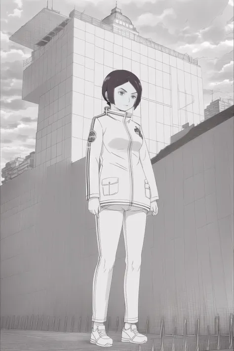 <lora:xtmx2.0:1>, lineart, monochrome, 1girl, <lora:Kitora2:1>, kitora ai, street, building, top, far vision, cloudy sky, jacket, outdoors, sky, standing ,looking at viewer, track jacket, solo, sneakers, footwear, weapon, holding weapon,