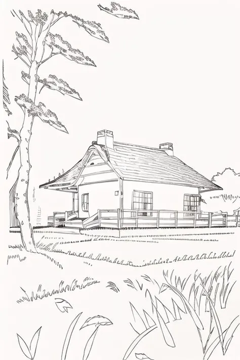 <lora:xtmx2.0:1>, lineart, monochrome,  1girl, solo, trees, grass, house, lightings,    <lora:megaman_roll_dblora_01:1>,