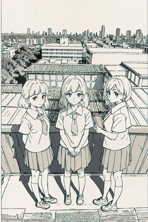(best quality, masterpiece, RAW photo,ultra-detailed:1.2), <lyco:GoodHands-beta2:1.0>,3girls, looking at viewer, school uniform,
<lyco:YH_xtmx2.0:1.0>monochrome,simple background, standing rooftop, from above, nature,