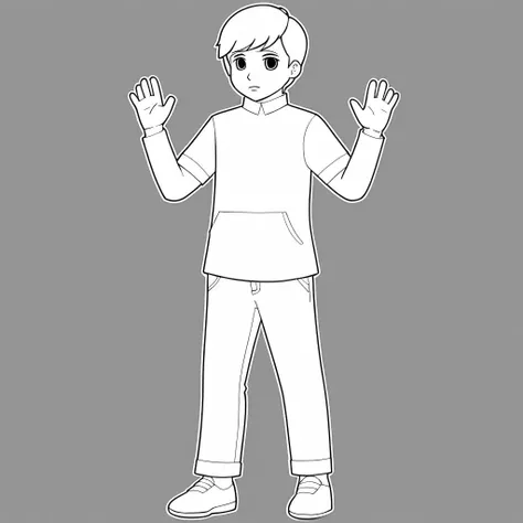 monochrome, greyscale, solo, simple background, white background,full body,lineart,boy,Raise your hand.,
<lora:xtmx2.0-000042:0.6>