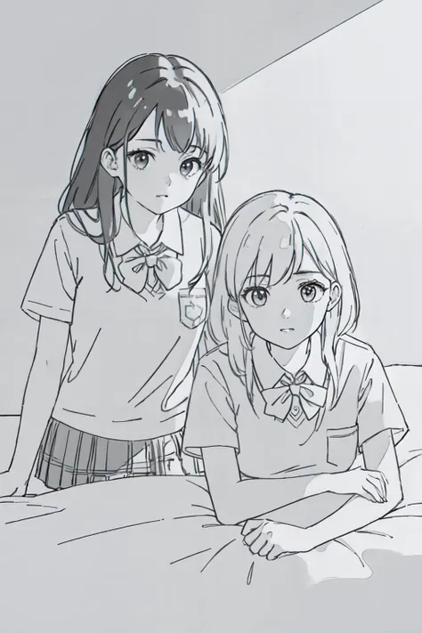 (best quality, masterpiece, RAW photo,ultra-detailed:1.2), <lyco:GoodHands-beta2:1.0>,2girls, school uniform,
<lyco:YH_xtmx2.0:0.9>monochrome,simple background,lying on bed,