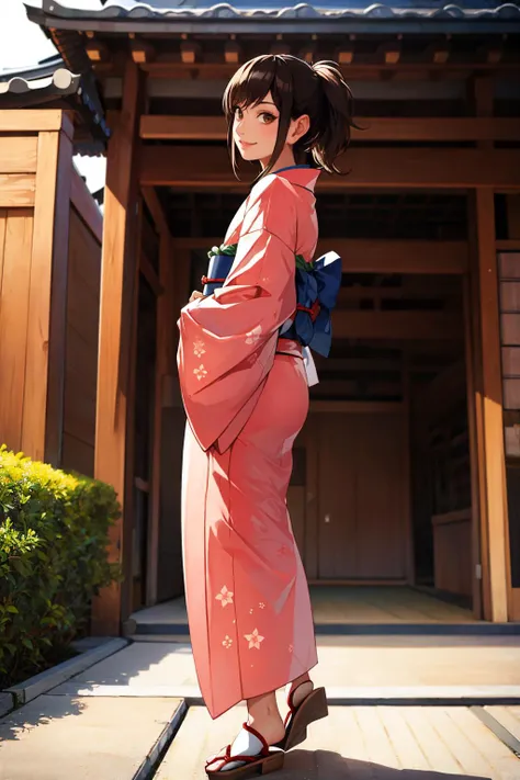 masterpiece, best quality, shimura tae, pink kimono, sash, floral print, looking at viewer, sandals, looking at viewer, japanese architecture, standing, from side, looking at viewer, smile <lora:taeshimura-nvwls-v1-000010:0.9>
