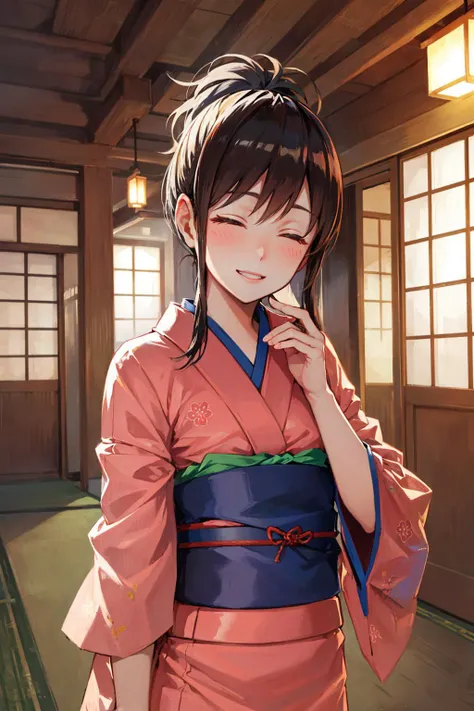 masterpiece, best quality, shimura tae, pink kimono, sash, floral print, upper body, closed eyes, blushing, smile, hands to heart <lora:taeshimura-nvwls-v1-000010:0.9>