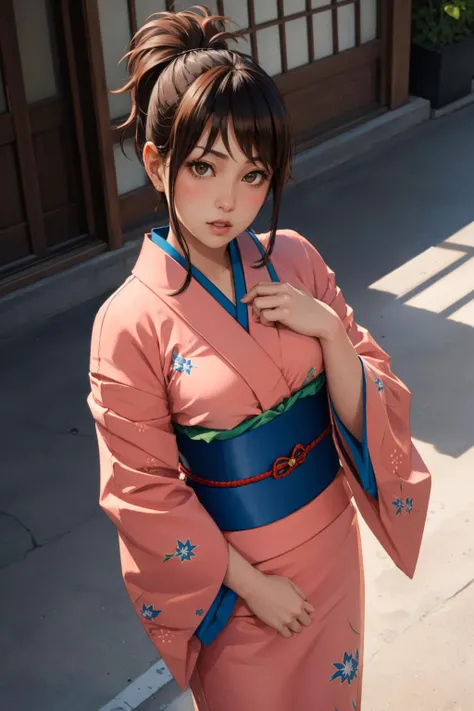 masterpiece, best quality, shimura tae, pink kimono, sash, floral print, looking at viewer, cowboy shot, surprised, blush, from above <lora:taeshimura-nvwls-v1-000010:0.9>