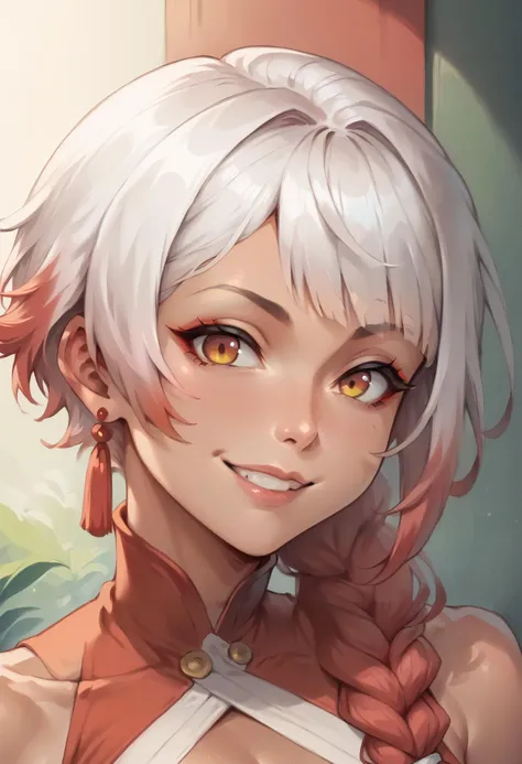 score_9, score_8_up, score_7_up, BREAK upper body,dark-skinned female,single braid,hair over shoulder,white hair,red IncursioDipDyedHair,smile <lora:DipDyedHairXLPD:1.5>