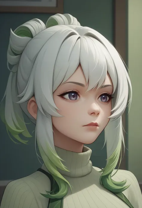 score_9, score_8_up, score_7_up, source_anime, 1girl, green IncursioDipDyedHair, <lora:DipDyedHairXLPD:1>, upper body, turtleneck sweater, white hair,