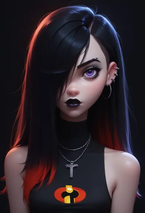 score_9, score_8_up, score_7_up, violetparr, Goth girl, goth girl 1girl, 1girl,solo,looking at viewer,long hair hair, black hair,red IncursioDipDyedHair, asymmetrical hairstyle, one side of head buzzed, bare shoulders,hair covering one eye,from above, sleeveless,purple eyes,necklace,eyebrow piercing,two-tone hair,lips,makeup,lipstick,black background,portrait,spot color , upper body, (small pointy breasts:1.2), decolletage,