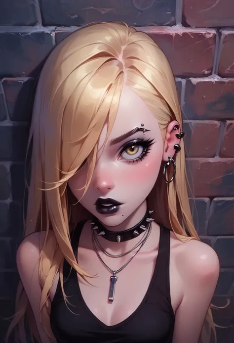 score_9, score_8_up, score_7_up, violetparr, Goth girl, goth girl 1girl, 1girl,solo,looking at viewer,long hair hair, rocker girl, ,blonde, bare shoulders,hair covering one eye,from above, sleeveless,yellow eyes,necklace,eyebrow piercing,black lipstick ,lips,makeup,lipstick,crowded dance club,portrait,spot color , upper body, cleavage, SkinHairDetail