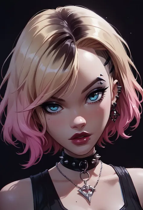 score_9, score_8_up, score_7_up, g_s, Goth girl, goth girl 1girl, 1girl,solo,looking at viewer,short hair, blonde hair,pink IncursioDipDyedHair, bare shoulders,jewelry,from above, sleeveless,blue eyes,necklace,eyebrow piercing,two-tone hair,lips,makeup,lipstick,black background,portrait,spot color , upper body, (cleavage:1.2)