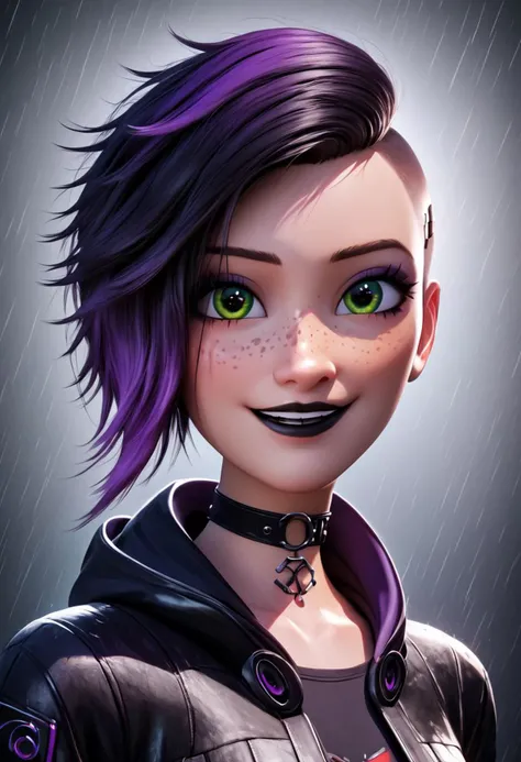 zPDXLxxx,zPDXL,score_9, score_8_up, score_7_up, high res, 8k, semi realistic, realistic, pixar render, pixar studio, full body, ray-tracing, detailed eyes, detailed face.
3D art, highly detailed, cyberpunk fashion, leather pants, female character, wearing a black hooded coat, dark gritty background, dynamic pose, dramatic lighting, distressed clothing, rain-soaked setting, urban environment, vibrant colors, high contrast, realistic textures, intense atmosphere,
1girl, (cute 18 year old tomboy, perfect body, fair skin, green eyes, cute face, freckles, small breasts, long legs, choker, black lipstick, purple eyeshadow, front view, eyeliner, mascara, firm butt, round ass, smile, two-tone hair, purple IncursioDipDyedHair, pixie cut purple hair, asymmetrical hairstyle, undercut, one side of head buzzed, gothic girl, goth girl, )