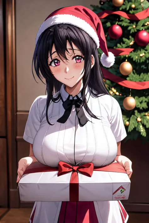 1girl, looking at viewer, cute, huge breasts, pink eyes, akeno himejima, school uniform:1.4, black hair, long hair, detailed eyes, hair between eyes, bangs, antenna hair,christmas hat:1.1, a large present box, put breasts on box, holding a box with hands, smile, breasts resting on box:1.5, christmas tree, <lora:large present-001_0.7:0.8>, <lora:akeno-dxd:1>, (masterpiece, best quality), beautiful, super high res, extremely detailed, extremely intricate,