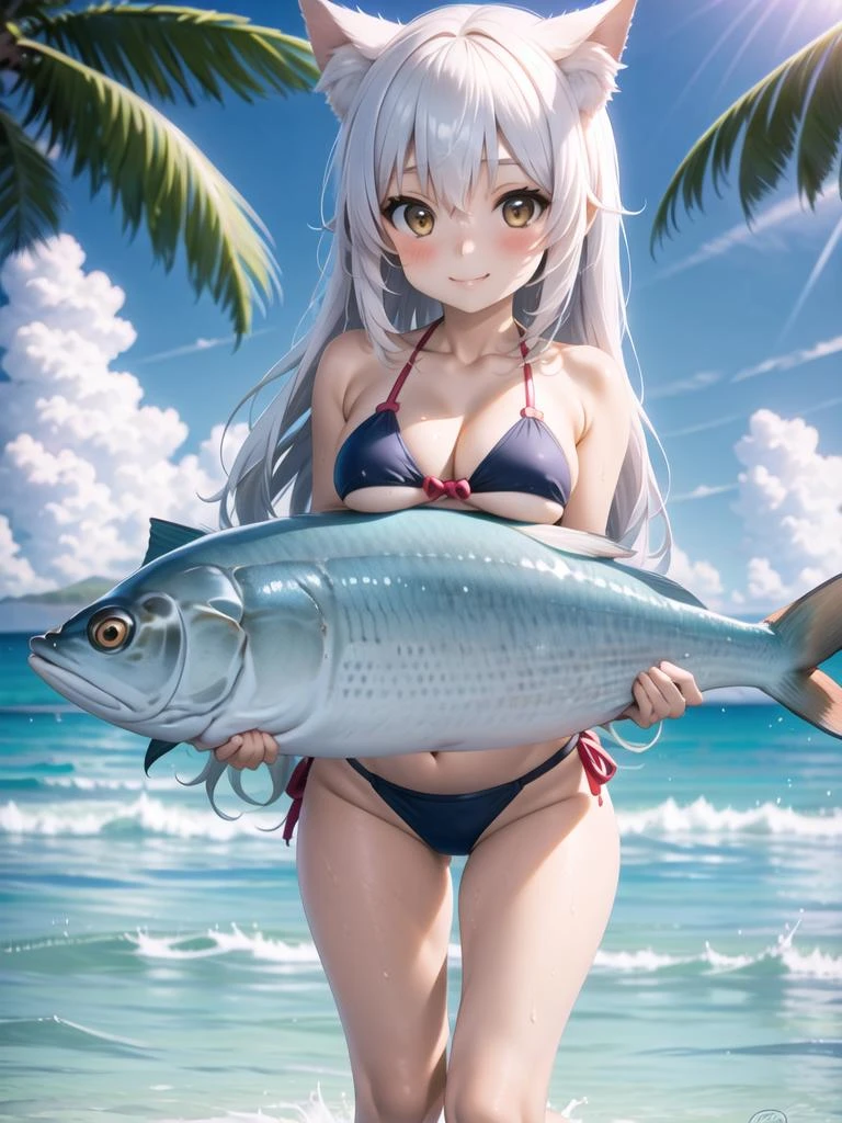 in beach, a girl, a large tuna, put breasts on fish, holding a fish with hands, upper body, swimsuit, cat girl, (flat body:1.4), silver long hair
<lora:large present-001_0.7:1>