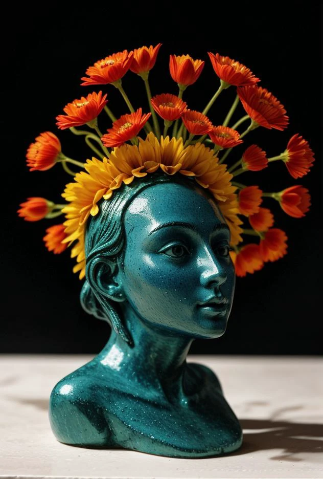 (close up of a grave statue figurine on a table, inspired by Quirizio di Giovanni da Murano, cloisonnism, realistic glass sculpture, 84mm), closeup photo, h 7 0 4, version 3, 1/320, glass flowers, high quality product image , coral reef, flora and fauna, cosmic nebula, dark background christian dior style, with frozen flowers around her, stunning-design, beutifull, side profile artwork, glass figurines, multicoloured, displayed, backlight
<lora:Better_Details:0.6>
<lora:epiC35mm:0.6> epiC35mm
<lora:LCM_1-5:0.7>
<lora:ContrastControl:1.3>
<lora:Colortone_Slider:1.8> bright color