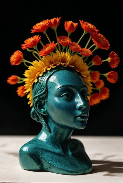 (close up of a grave statue figurine on a table, inspired by Quirizio di Giovanni da Murano, cloisonnism, realistic glass sculpture, 84mm), closeup photo, h 7 0 4, version 3, 1/320, glass flowers, high quality product image , coral reef, flora and fauna, cosmic nebula, dark background christian dior style, with frozen flowers around her, stunning-design, beutifull, side profile artwork, glass figurines, multicoloured, displayed, backlight
 <lora:Better_Details:0.6> 
<lora:epiC35mm:0.6> epiC35mm
<lora:LCM_1-5:0.7> 
<lora:ContrastControl:1.3>
 <lora:Colortone_Slider:1.8>  bright color