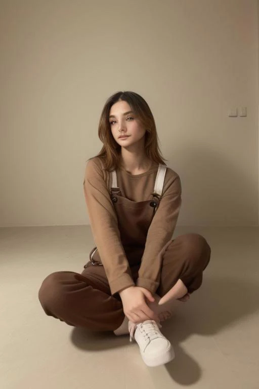 Photography Style and Quality:
Full body, realistic, masterpiece with cinematic and dynamic lighting
Natural shadowing, ray tracing, and volumetric lighting
Highest detail for professional photography
Detailed background, depth of field, and insane intricacies
Model's Description:
Aesthetic portrayal of a woman with a small body
Attired in a long-sleeved grey t-shirt (0.8), brown overalls (0.8), brown trousers (0.8), white socks (1), and black Vans shoes (1)
Sitting cross-legged, one hand resting on the knee, the other hand on the ground with fingers extended. Head slightly tilted with a serene expression
