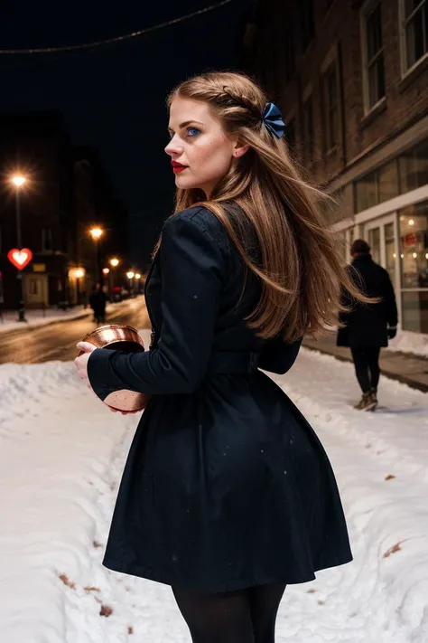 Street photography, Mixed, young, woman, Long hair, Bowl haircut with fade, Copper hair, Hair bow, Blue eyes, Cupid's Bow lips, Heart face, Voluptuous body, Running, Gothic dress, Cinematic lighting, Moonlight, Snowy, Urban, Pentax K-1 Mark II, Full body shot, From behind