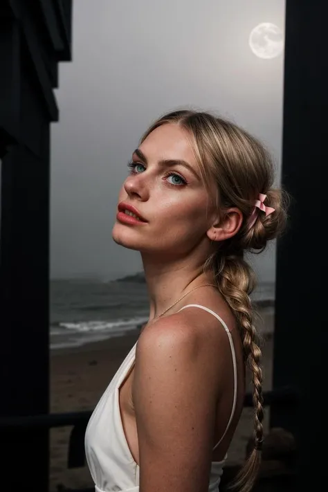 Fashion photography, Mixed, young, woman, Braided hair, Crew cut, Pastel hair, Hair bow, Amber eyes, Cupid's Bow lips, Heart with Rounded Chin face, Disgusted, Fit body, Stretching, Club dress, Cinematic lighting, Moonlight, Foggy, muted brown background, Beach, Pentax K-1 Mark II, Full body shot, Low angle