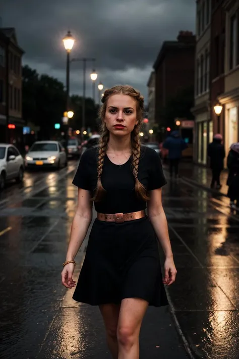 Street photography, Mixed, young, woman, Braided hair, Modern caesar cut, Copper hair, Hair bow, Amber eyes, Cupid's Bow lips, Heart with Rounded Chin face, Disgusted, Tiny body, Walking, Club dress, Cinematic lighting, Moonlight, Rainy, Urban, Pentax K-1 Mark II, Full body shot, Low angle