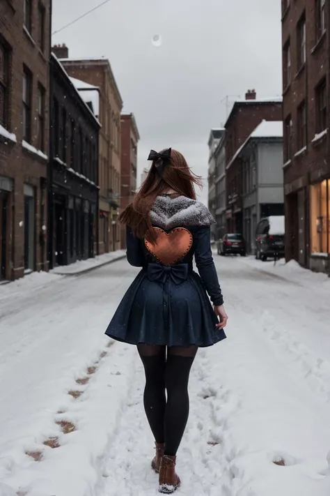 Street photography, Mixed, young, woman, Long hair, Bowl haircut with fade, Copper hair, Hair bow, Blue eyes, Cupid's Bow lips, Heart face, Voluptuous body, Running, Gothic dress, Cinematic lighting, Moonlight, Snowy, Urban, Pentax K-1 Mark II, Full body shot, From behind
