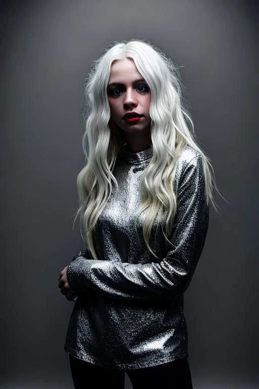 (PA7_Portrait-MS:0.5), portrait of a (blue eyed:0.25) short woman, (round hips:0.4), white wavy hair, black locks, tf_silver_, in a dark room