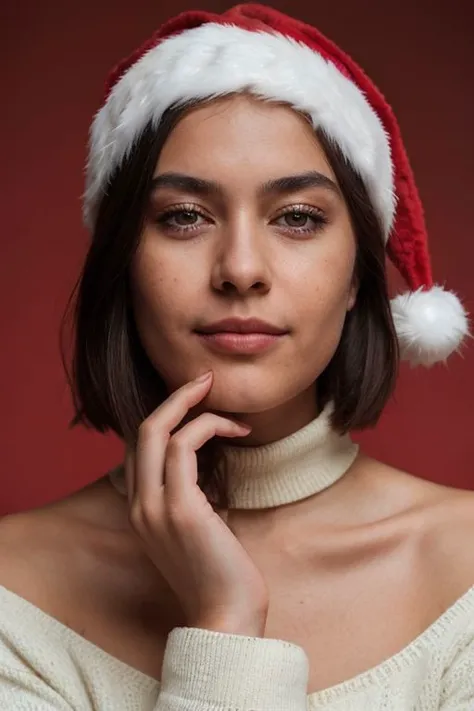 Fashion photography, half length portrait of native american woman, striking facial features, short hair, natural makeup, middle smile, wearing turtleneck sweater, Santa hat, dramatic lighting, red background, shot on Fujifilm XT3, 50mm lens, Fuji color, vivid color, fashion modeling poses, epiCRealism