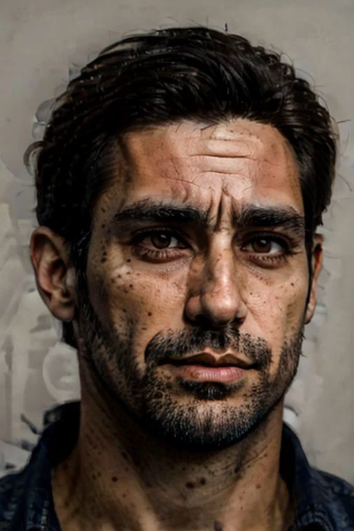 a photo of a 35 years old brunette AlexanderNobody, detailed brown eyes, detailed skin, facial hair, upper body shot, simple background, soft lighting, eye level, in the style of Nathan Wirth