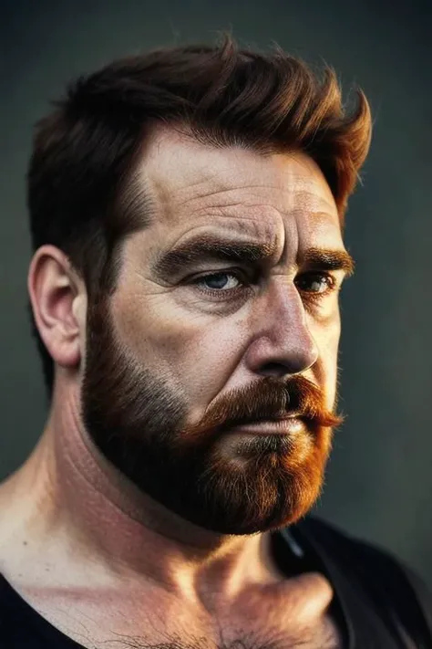 beefy, bearded, handsome, chubby, rascal, face, male, realistic, sorry, sad, red head, 55-years-old,