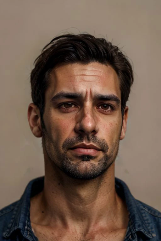 a photo of a 35 years old brunette AlexanderNobody, detailed brown eyes, detailed skin, facial hair, upper body shot, simple background, soft lighting, eye level, in the style of Nathan Wirth