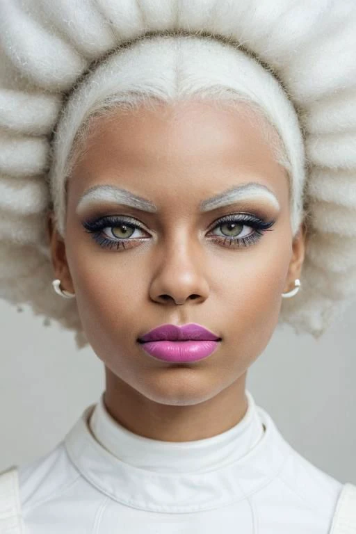 (PA7_Portrait-MS:0.5), low angle face portrait of an african girl, (clear blue eyes:0.8), (white afro hairstyle), (white eyeshadow, white lips:1.5), wearing scifi avant-garde LatexTech haute-couture, serious (half-smirk:1.2) expression, in a dark space ship cockpit, dim light