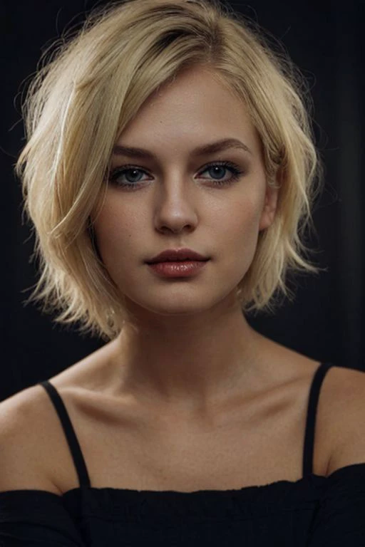 super cute blond woman short hair in a dark theme