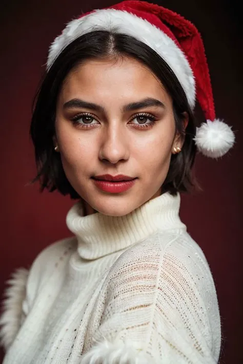 Fashion photography, half length portrait of native american woman, striking facial features, short hair, natural makeup, middle smile, wearing turtleneck sweater, Santa hat, dramatic lighting, red background, shot on Fujifilm XT3, 50mm lens, Fuji color, vivid color, fashion modeling poses, epiCRealism