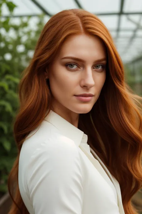 high quality, best quality, sharp focus, future , woman, commoner, wearing common clothes, , ginger hair, very_long hair, hair_flaps, close to greenhouse, perfect face, sweet, very detailed, radiant, detailed, extreme detail, intricate detail, highres, absurdres, 4k, 8k, HDR, UHD, masterpiece, immaculate, perfect, photoreal, photo, realistic, extremely realistic, hyperrealism, detailed skin, detailed hair, extreme detail, photograph, canon eos 5d mark iv, depth of field, bokeh, film grain