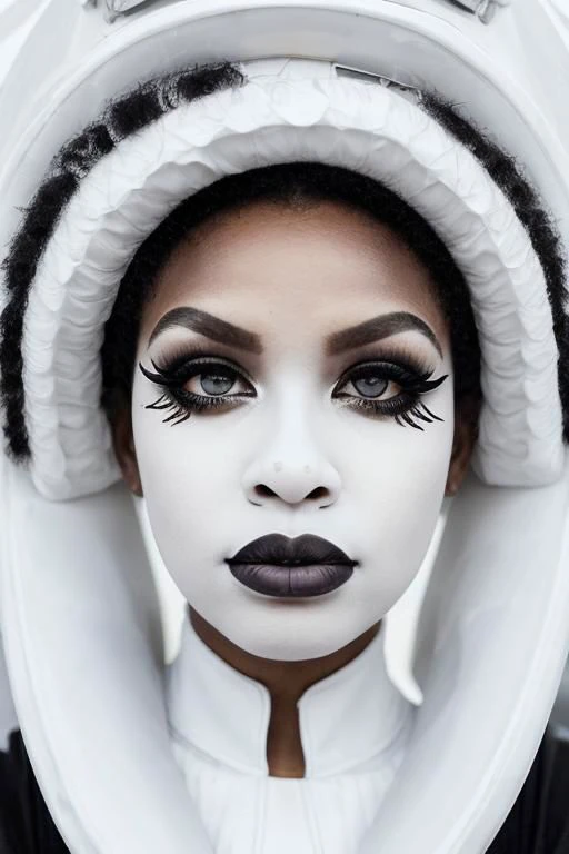 (PA7_Portrait-MS:0.5), low angle face portrait of an (black african girl:1.5), (clear blue eyes:0.8), (white afro hairstyle), (white eyeliner, white lips:1.5), wearing scifi avant-garde LatexTech haute-couture, serious (half-smirk:1.2) expression, in a dark space ship cockpit, dim light