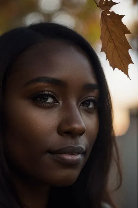 <lora:epiCRealismHelper:0.7>, epiCRealism, candid photography, photograph of BREAK a (dark skin:1.6) african woman, medium hair, striking facial features, perfect eyes, crystal clear, (freckles:0.4), blemishes, (smirk:1.2) BREAK 
sun light, bloom, god rays, ambient light, detailed shadow, on park, (wind:1.3), (floating dead leaves:1.3), BREAK wearing a leather coat, (female poses:1.6), shot on Hasselblad X2D 100C, 90mm lens, sharp focus, film grain, bokeh, (close-up:2.0)