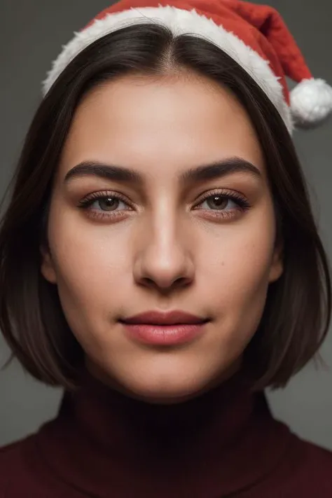 Fashion photography, half length portrait of native american woman, striking facial features, short hair, natural makeup, middle smile, wearing turtleneck sweater, Santa hat, dramatic lighting, red background, shot on Fujifilm XT3, 50mm lens, Fuji color, vivid color, fashion modeling poses, epiCRealism