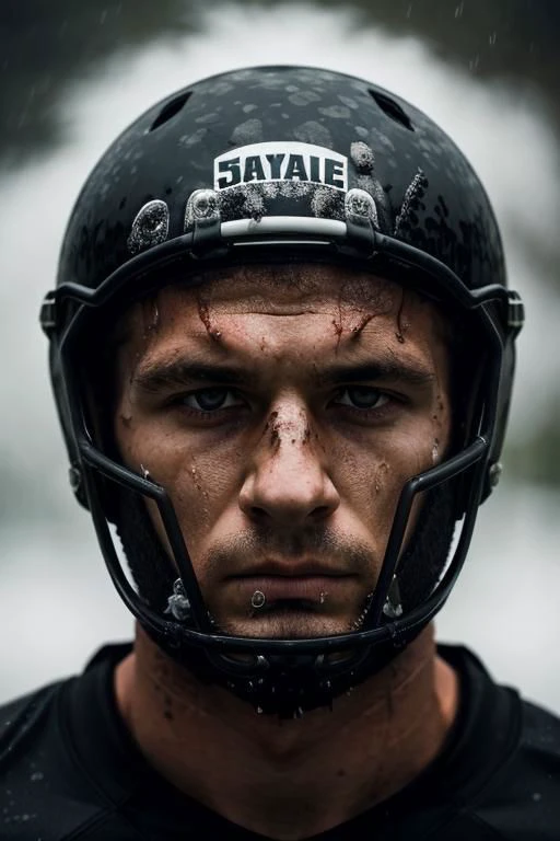 a close up of a football player wearing a helmet, 5 0 0 px models, black splashes, fierce expression, drenched clothing, inspired by Arnold Brgger, charming black eyes, mud, soaked, white and black, subtractive lighting,