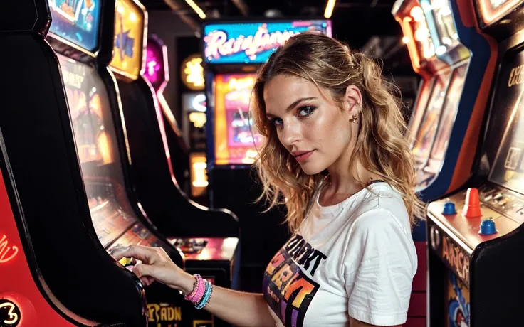 (style of Peter Lindbergh,style of Hasselblad:1.5), (three quarter cowboy shot turned to the side of young woman engrossed in playing on arcade game:1.5), energetic 90s arcade, neon lights flickering, (25 years old, cleavage, skinny, slender, young woman:1.2),  ((vibrant 90s street fashion)), high-waisted acid-wash jeans, oversized crop top graphic tee, chunky sneakers, colorful scrunchie holding up a high ponytail, layers of bright friendship bracelets, vintage arcade machines in the background, pinball machine featuring iconic 90s pop culture, reflections of neon signs on the glossy surface of the pinball machine, the sound of arcades and pinball dings filling the air, a look of concentration and excitement on the woman's face, nearby players in background dressed in typical 90s attire, graffiti art on the arcade walls, a mix of [retro:modern:0.9] elements, the atmosphere bustling with the energy of the 90s youth, vibrant color palette dominated by neons and pastels, subtle hints of early digital age aesthetics