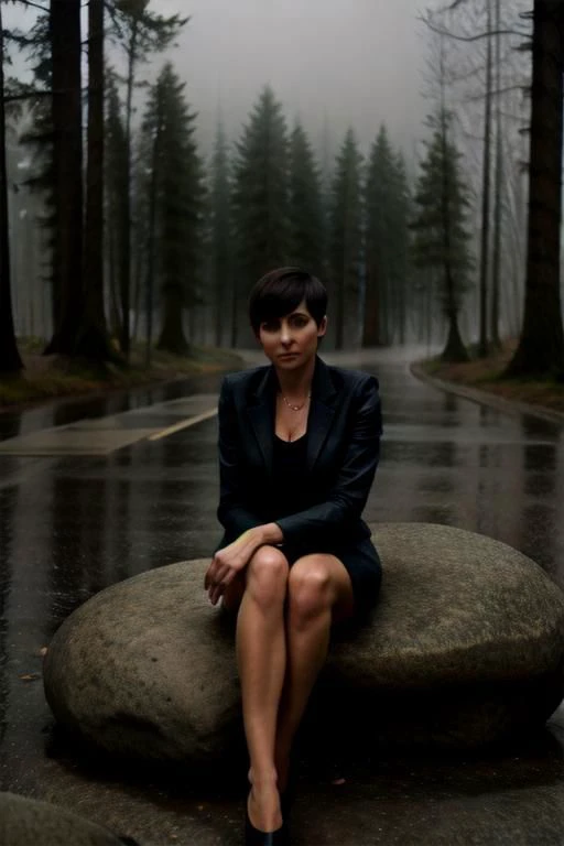 hyperrealistic art, 32k,
(((gloomy and foggy atmosphere, octane render, cgsociety))), dreamy and ethereal, (windy:1.4), surrounded by a towering dark forest, heavy rain,
ultra wide angle shot of Super fit mature woman wearing knitted very short skirt and a sleeveless blazer in a vibrant pattern, black highheels, belly-free,
((anorexic, skinny, slim, slender, trim)), toned lega, (aged, mature female, milf, motherly), skin blemishes, old skin, old spot, wrinkled skin, (skin pores:0.2), (freckles:0.1), (wrinkles:0.2), MILF, old woman, mature woman, ultradetailed,
unhappy, (solo, full body photo:1.1),
short-cut, (pixie-cut:1.3), (black hair:1.3), short hair,
((full body shot, sitting on a stone)), ruins everywhere,