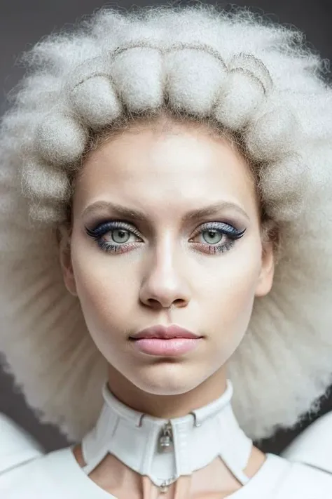 (PA7_Portrait-MS:0.5), low angle face portrait of an african girl, (clear blue eyes:0.8), (white afro hairstyle), (white eyeshadow, white lips:1.5), wearing scifi avant-garde LatexTech haute-couture, serious (half-smirk:1.2) expression, in a dark  space ship cockpit, dim light