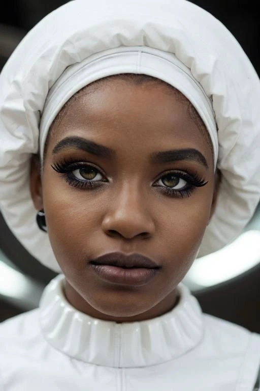 (PA7_Portrait-MS:0.5), low angle face portrait of an (black african girl:1.5), (clear blue eyes:0.8), (white afro hairstyle), (white eyeliner, white lips:1.5), wearing scifi avant-garde LatexTech haute-couture, serious (half-smirk:1.2) expression, in a dark space ship cockpit, dim light