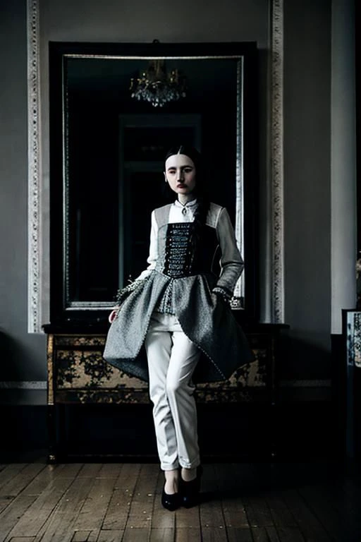 (PA7_Portrait-MS:0.5), portrait of a short russian woman, (round hips:0.4), white wavy hair, black locks, tf_silver_, wearing avant-garde haute-couture,  in a dark room