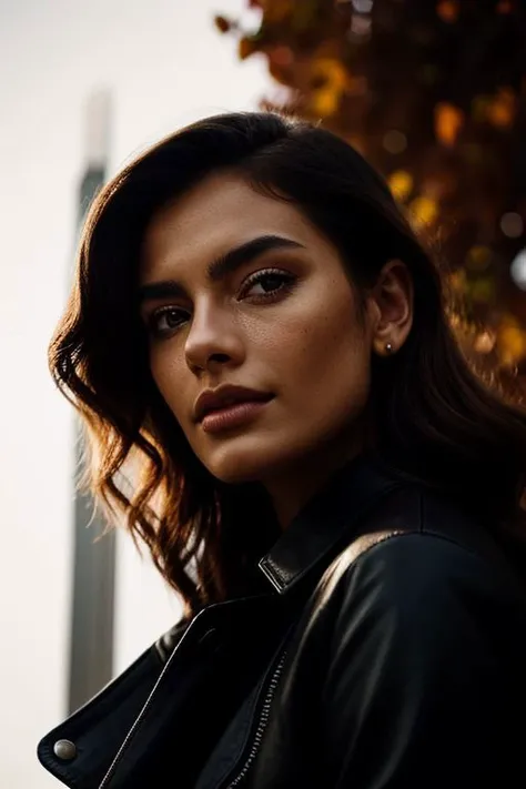 <lora:epiCRealismHelper:0.7>, epiCRealism, candid photography, photograph of extremely beautiful african woman, striking facial features, freckles, blemishes, medium hair, wearing leather coat, sun light, bloom, god rays, ambient light, detailed shadow, street, garden background, (wind, floating dead leaves:1.2), (expressive female poses:1.3), shot on Hasselblad X2D 100C, 90mm lens, sharp focus, film grain, bokeh,( low from below:1.5)