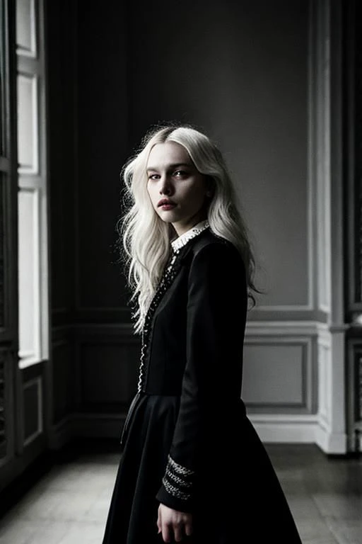 (PA7_Portrait-MS:0.5), portrait of a short russian woman, (round hips:0.4), white wavy hair, black locks, tf_silver_, wearing avant-garde haute-couture,  in a dark room