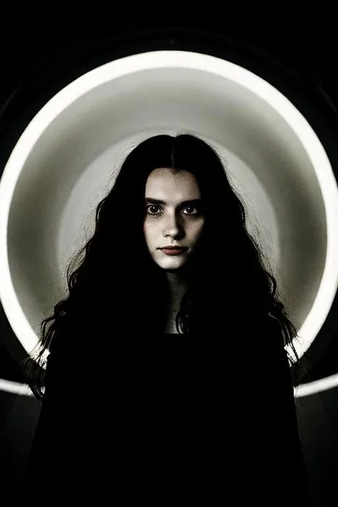 (PA7_Portrait-MS:0.5), face portrait of a russian girl, white wavy hair, black locks, wearing avant-garde haute-couture, serious half-smirk expression, in a dark room aboard a space ship