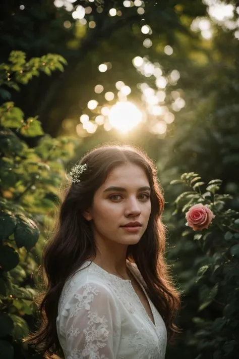 PA7_Photo, wedding photography, portrait of woman , standing next to garden of rose, sunlight, volumetric, head shot