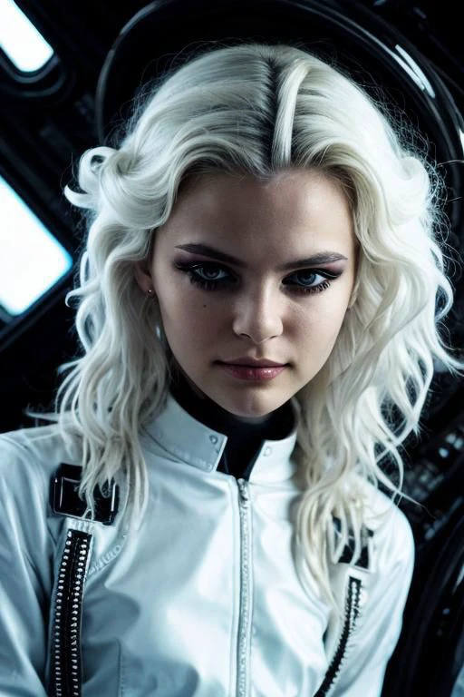 (PA7_Portrait-MS:0.5), low angle face portrait of a russian girl, white wavy hair, black locks, wearing scifi avant-garde LatexTech haute-couture, serious (half-smirk:1.2) expression, in a dark space ship cockpit