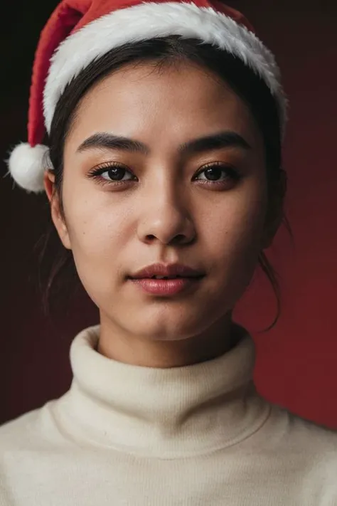 Fashion photography, half length portrait of an asian woman, striking facial features, short hair, natural makeup, middle smile, wearing turtleneck sweater, Santa hat, dramatic lighting, red background, shot on Fujifilm XT3, 50mm lens, Fuji color, vivid color, fashion modeling poses, epiCRealism