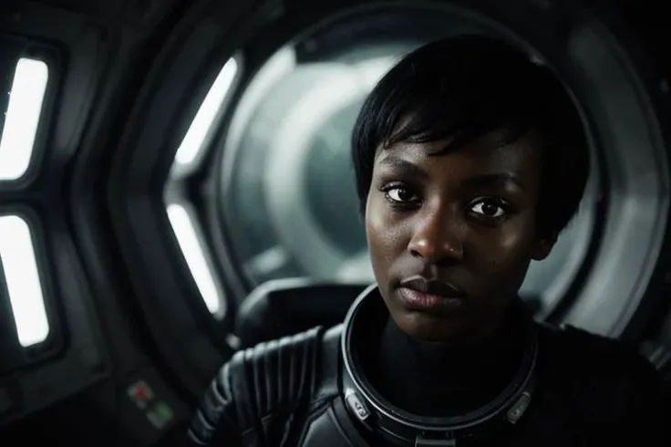 PA7_Portrait-MS, epiCRealism, woman, dark skin, beautiful eyes, short hair, black hair, crystal clear, wearing scifi suit, avant-garde, LatexTech, high-tech, serious, expressive portrait, space ship cockpit, dim light, cinematic lighting, volumetric lighting, film grain