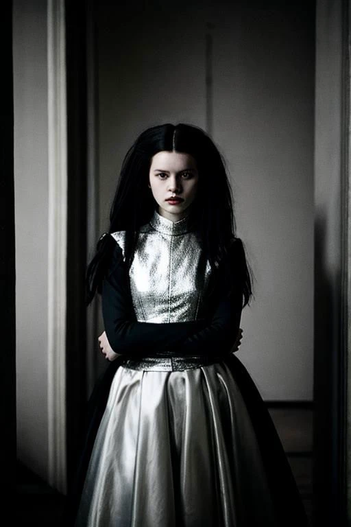 (PA7_Portrait-MS:0.5), portrait of a short russian woman, (round hips:0.4), white wavy hair, black locks, tf_silver_, wearing avant-garde haute-couture,  in a dark room